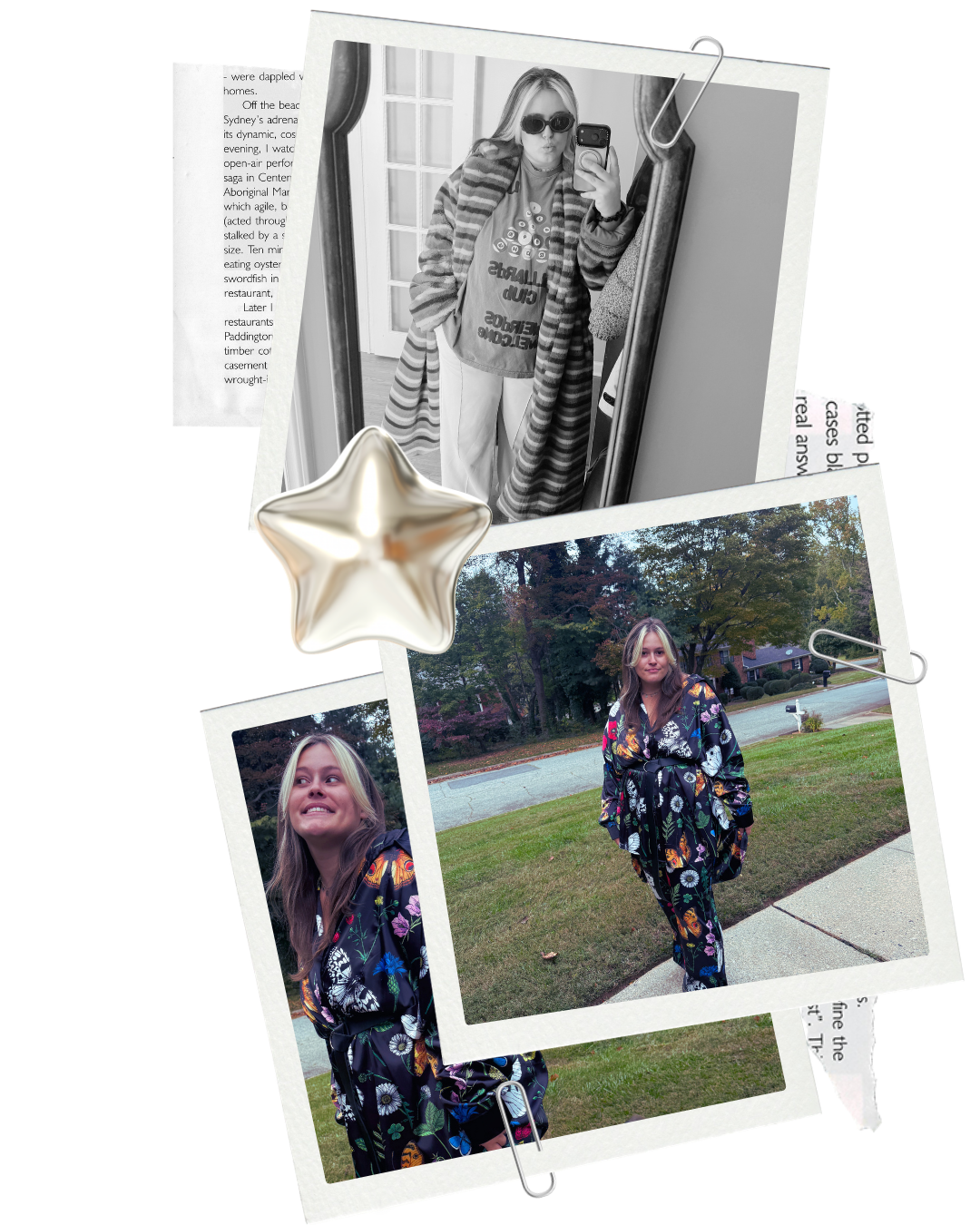 A collage of three photos of a young woman. The top photo is a black-and-white mirror selfie of her wearing sunglasses, a graphic t-shirt, and a striped blanket wrapped around her shoulders. The middle photo shows her outdoors wearing a black floral-patterned robe, standing on a sidewalk with trees and a street behind her. The bottom is a close-up portrait of her smiling and looking up, also in the floral robe, outdoors with trees and a lawn in the background.