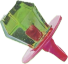 A pink and clear sippy cup with a green lid and a red handle