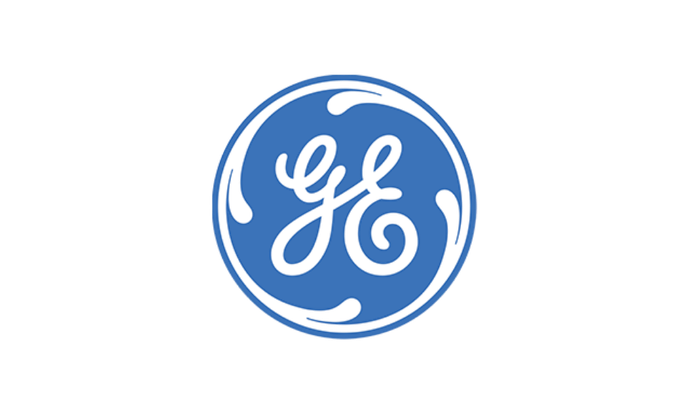 Blue and black GE logo with stylized letters inside a circle.