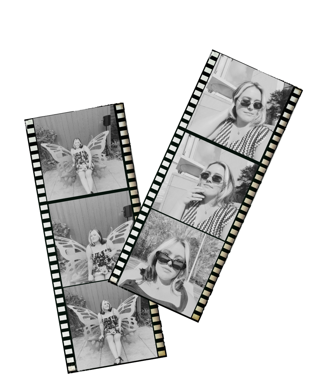 A collage of black and white photographs featuring a woman with sunglasses, posing outdoors. Some photos show her with butterfly wings costume or fairy-like wings.