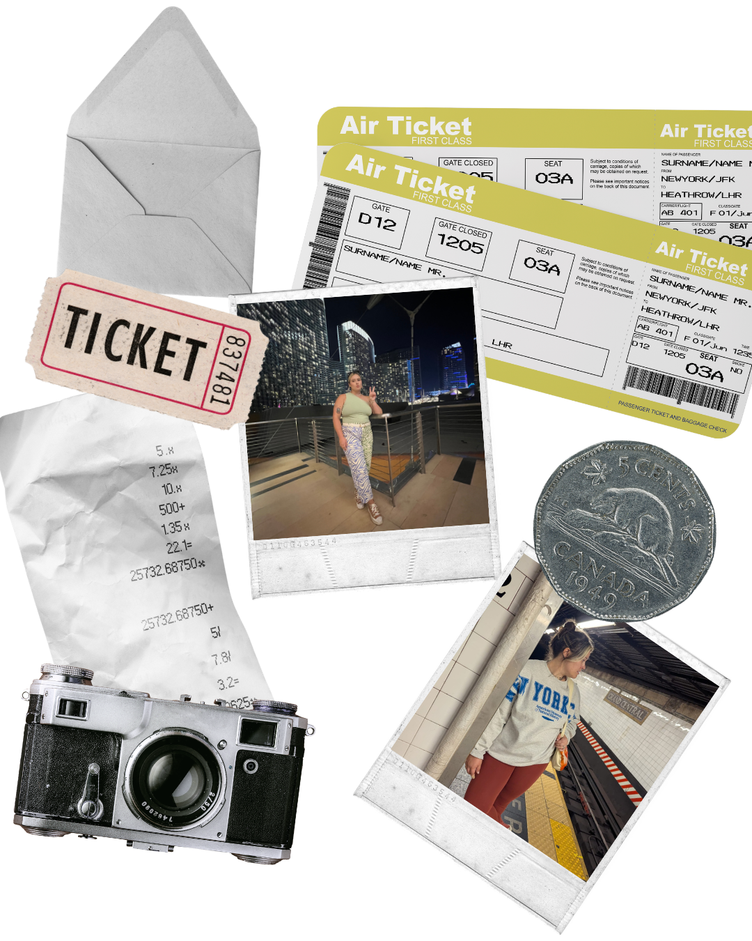 Collection of travel-related items including airplane tickets, a camera, a coin, a receipt, photographs of women at a train station and generally traveling in New York, and a paper ticket with a red border.