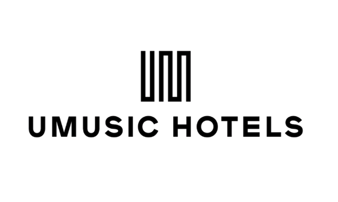 Logo for UM Music Hotels with a vertical rectangular design above the text 'UM MUSIC HOTELS'.