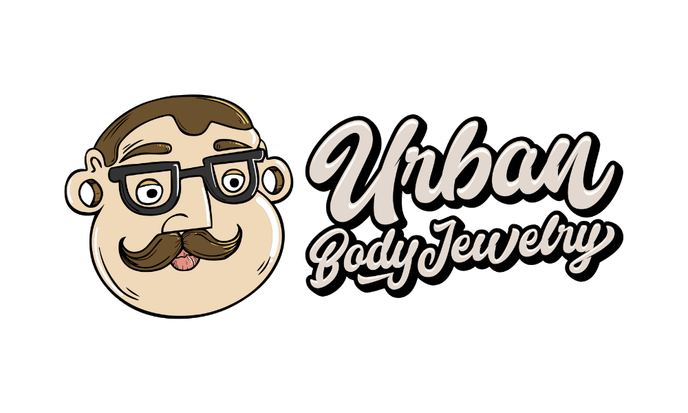 Logo for Urban Body Jewelry featuring a cartoon character with glasses, a mustache, and earrings, with the text 'Urban Body Jewelry' beside it.