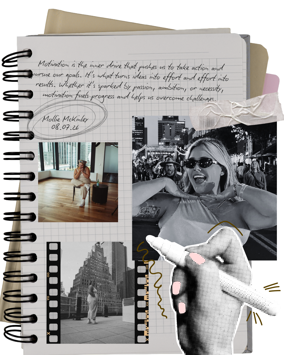 Notebook page with handwritten quote about motivation, photos of a woman in an office, a city street, and on a rooftop, a hand-drawn unicorn illustration, and a small ink drawing of a cityscape.