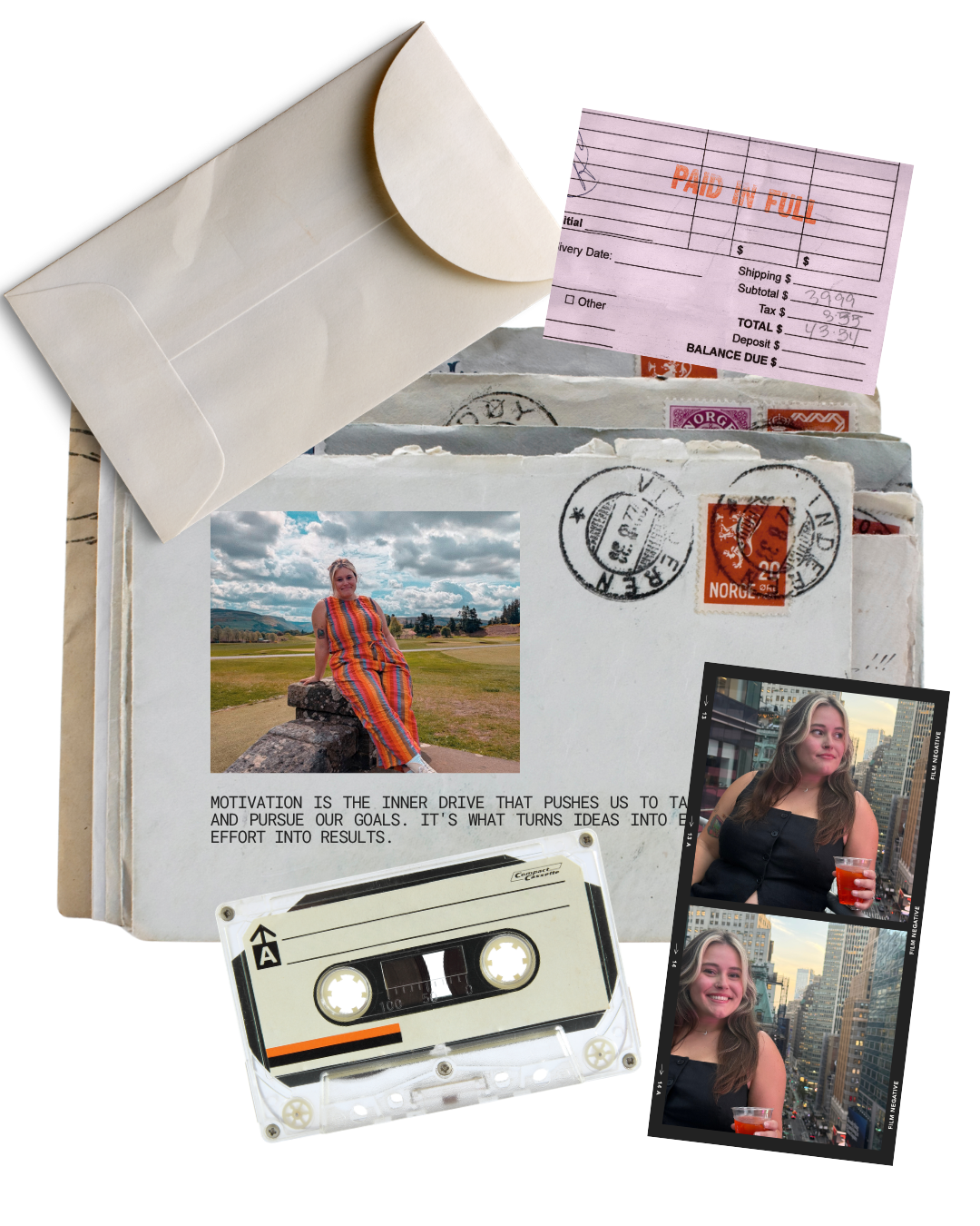 A collection of nostalgic items including a white envelope, a receipt marked 'PAID IN FULL,' a photo of a woman sitting on a stone wall in a grassy area with a cloudy sky background, a mixtape tape, a strip of film negatives with two pictures of a woman holding a drink in an urban setting, and a printed motivational quote about motivation.