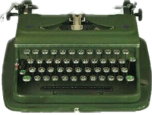 Green vintage typewriter with round keys and a paper holder on top.