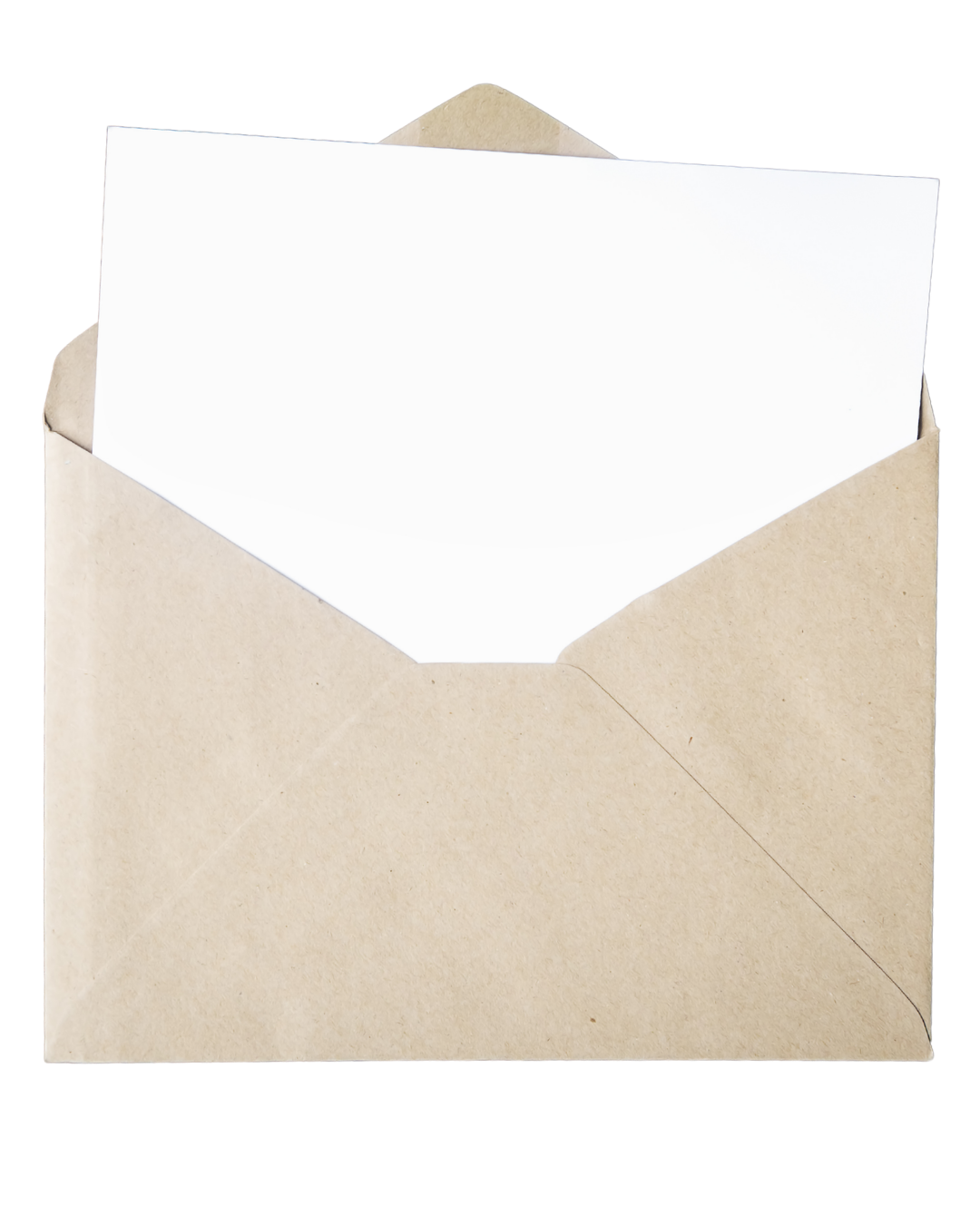 Open beige envelope with blank white card inside.