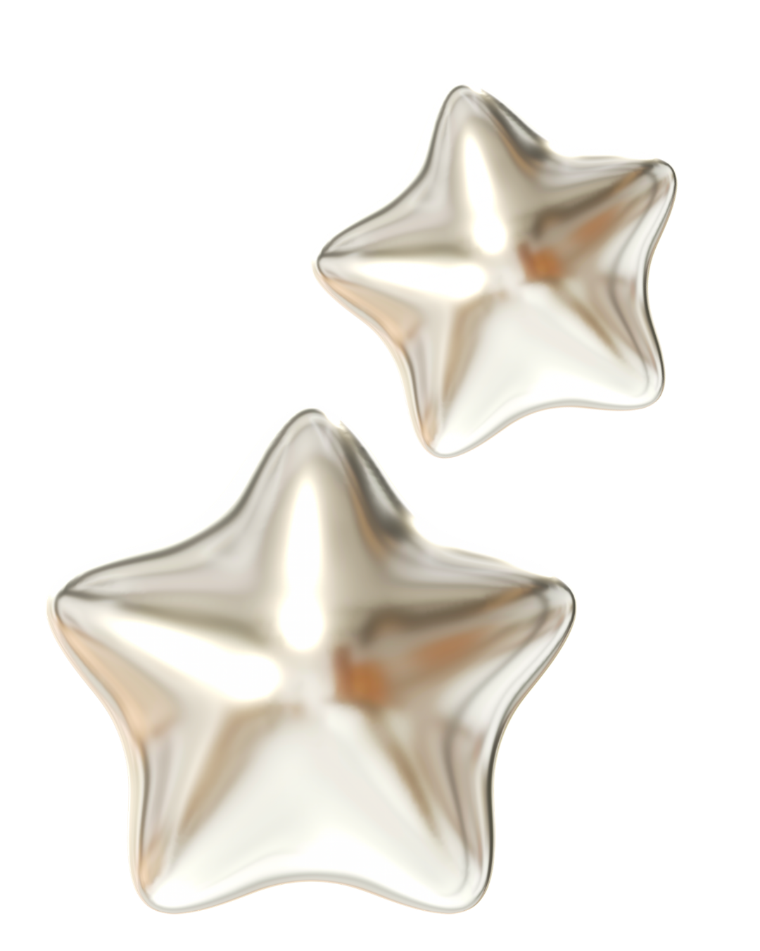 Two shiny metallic star-shaped balloons, one positioned above the other, against a transparent background.