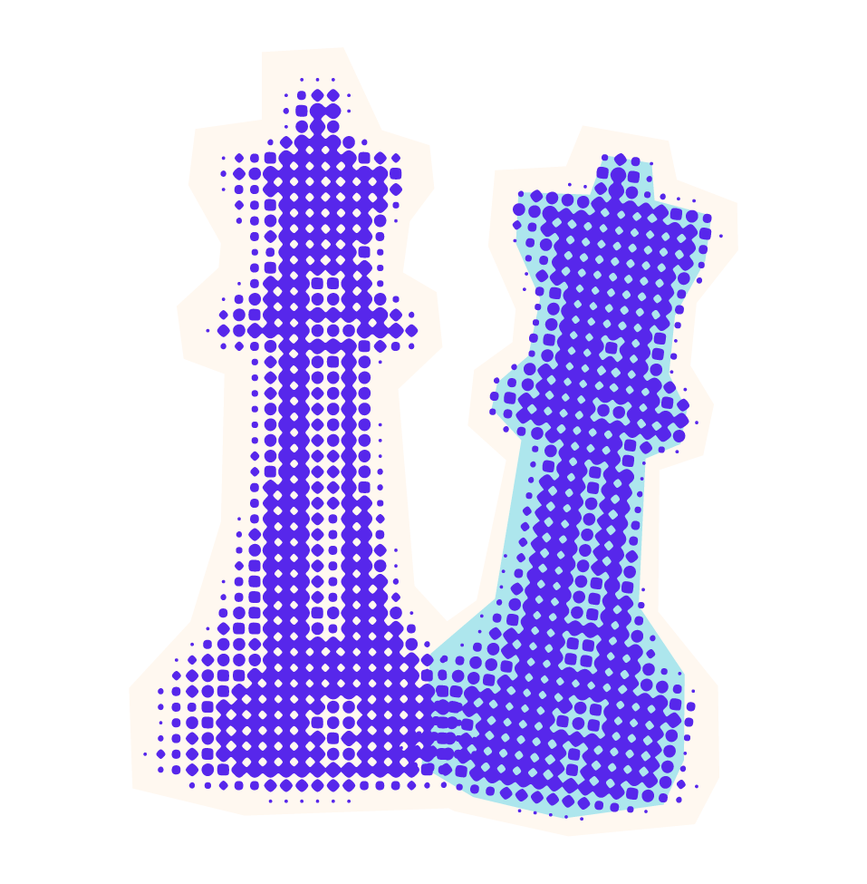 Abstract digital art of two chess rooks, one white and one blue, on a black background.
