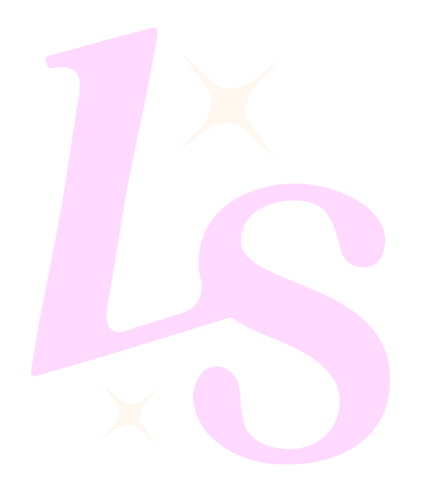 Large stylized pink letter "L" with two white starburst shapes around it.