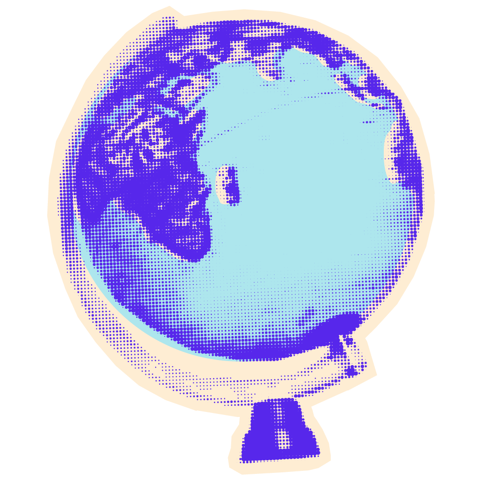 A stylized, halftone illustration of a globe showing Europe, Africa, and parts of Asia, positioned on a stand against a black background.