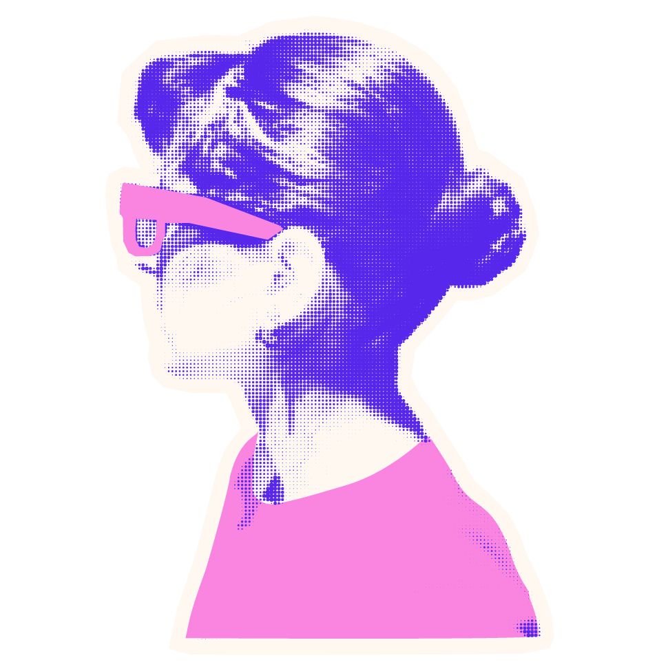 Stylized, halftone portrait of a woman in profile with glasses and hair up, using pink and purple colors with a comic book or pop art style