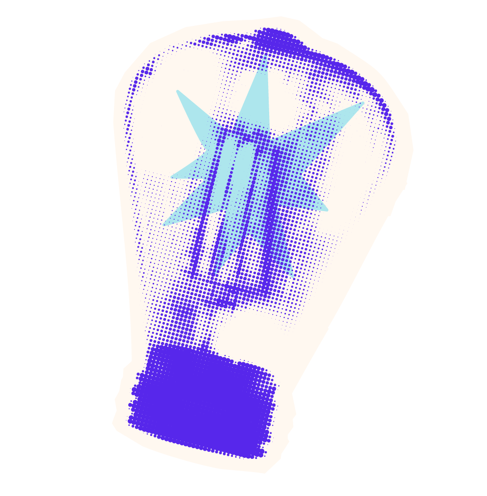 A digital illustration of a lightbulb with a blue star inside, depicted with a halftone dot style on a black background.