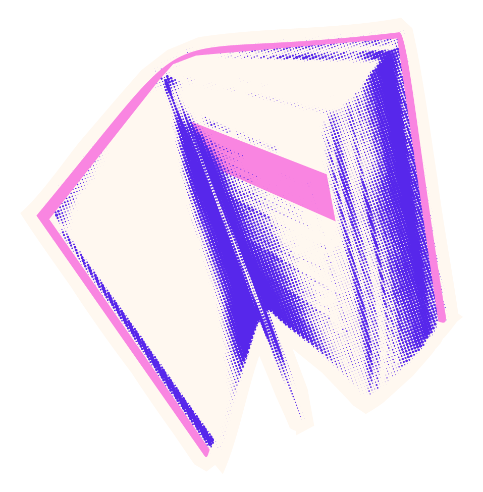 A stylized, open computer or book icon with a pink and purple color scheme against a black background.