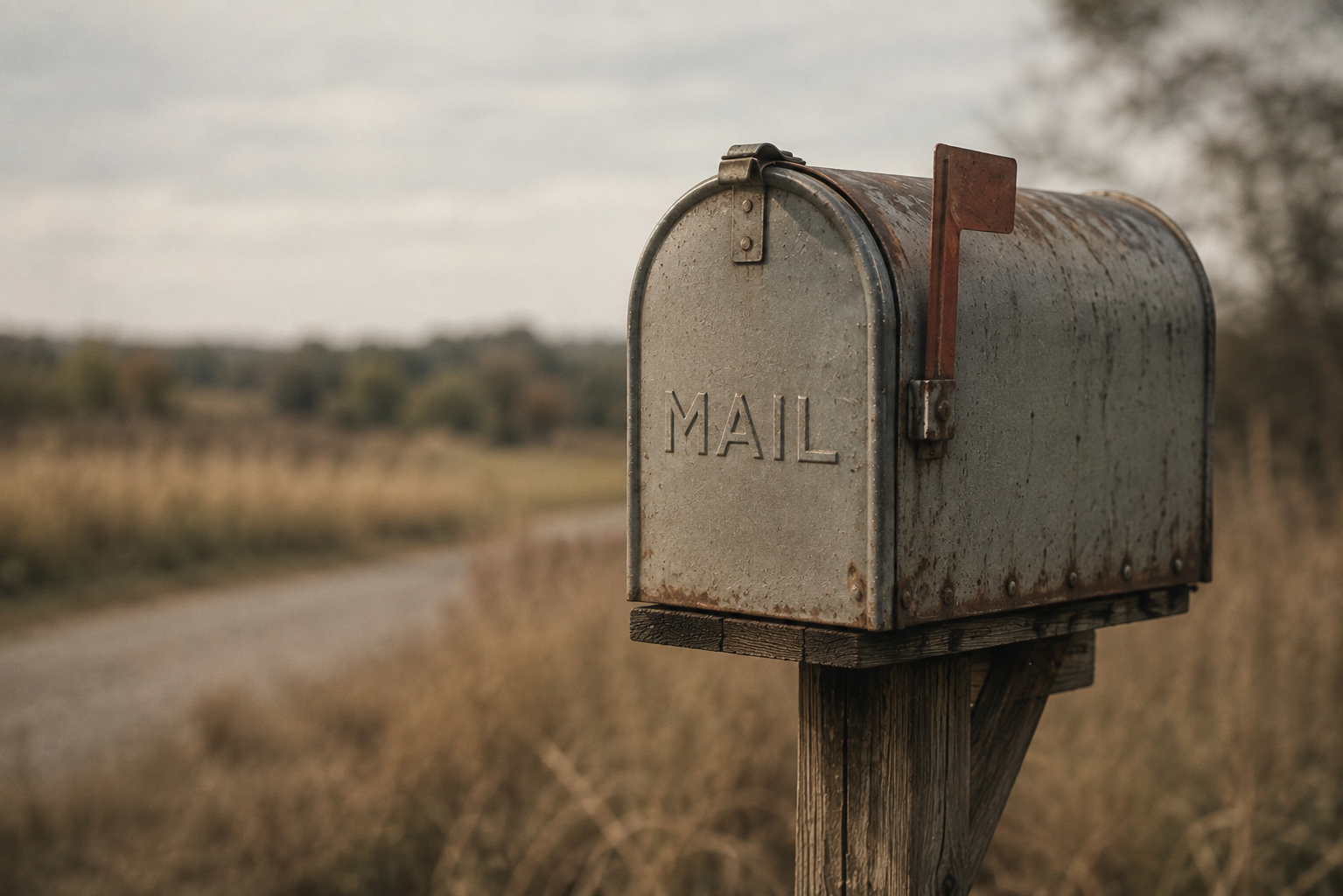 An old, rusty mailbox labeled 'MAIL' mounted on a weathered wooden post in a rural area with fields and trees in the background, under an overcast sky.