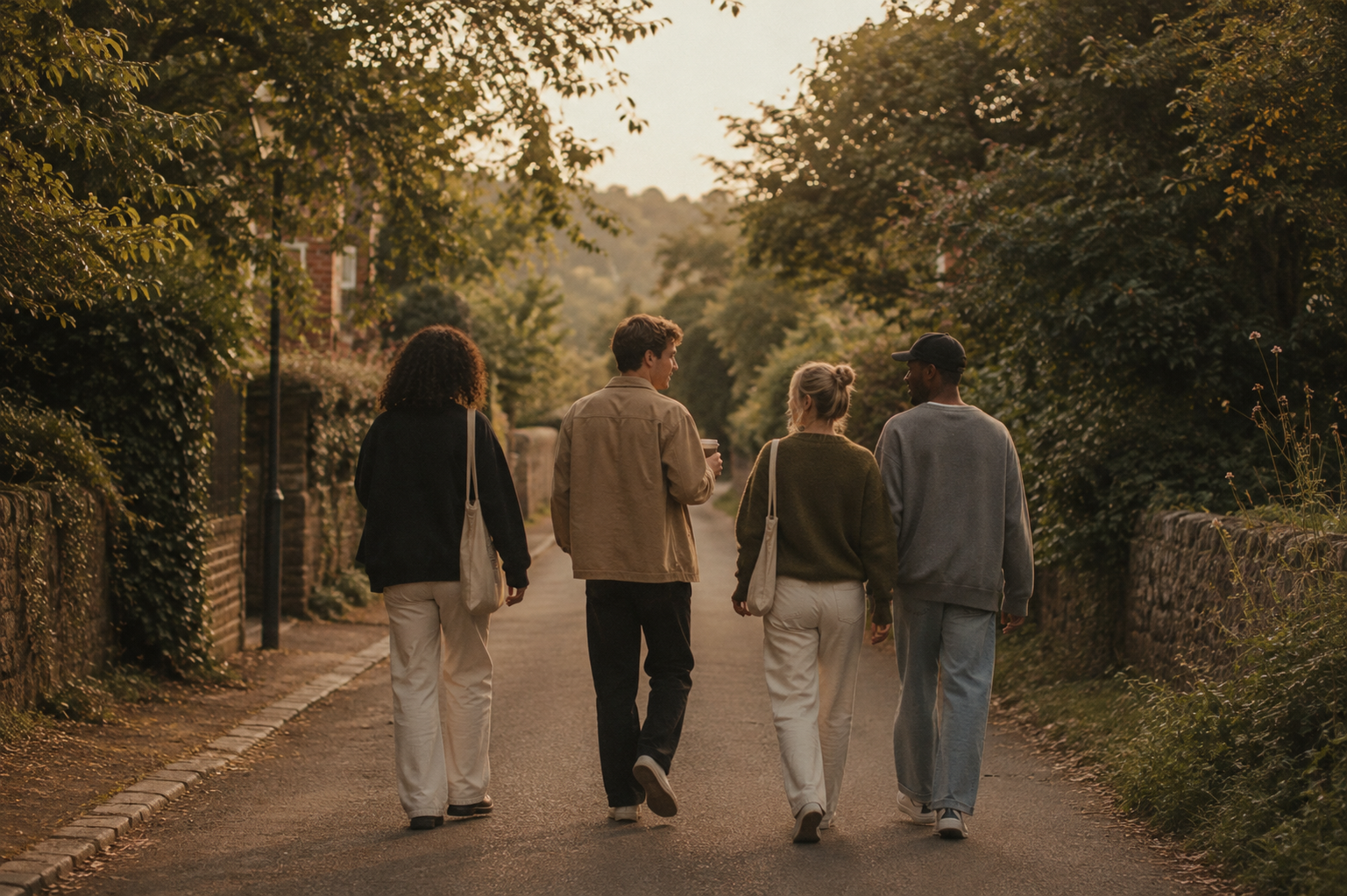 Four people walking together on a quiet tree-lined street at sunset, engaging in conversation