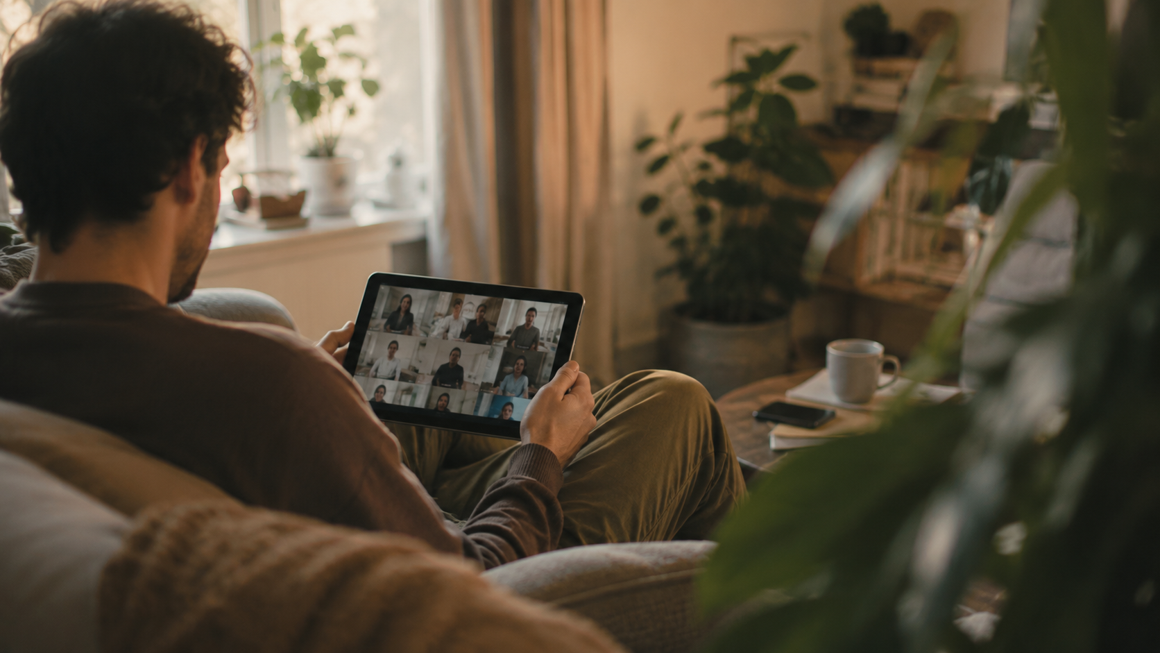 A person sitting on a beige couch in a living room, holding a tablet with a video conference call, with natural light coming through the window.