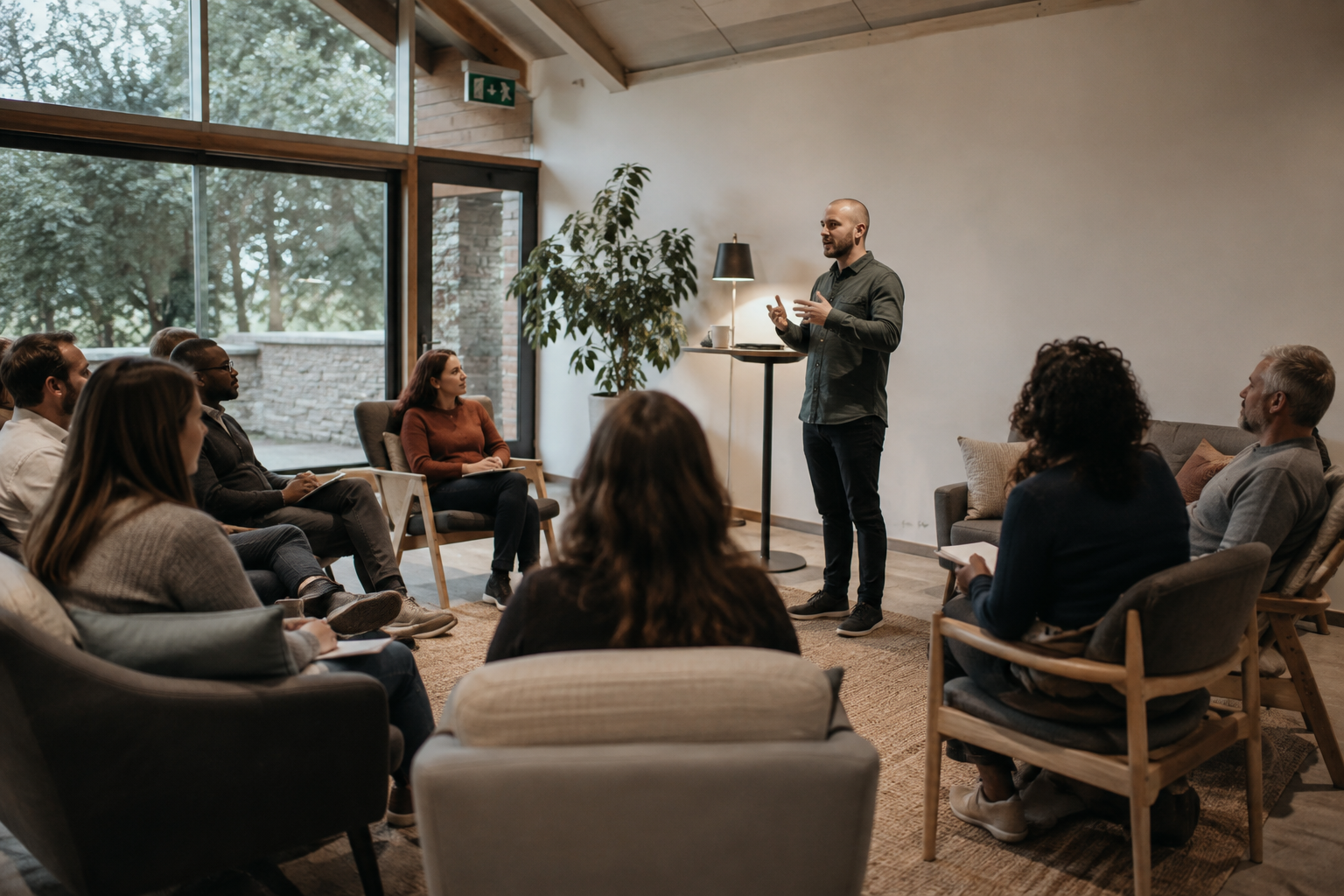 A man giving a presentation or speech to a group of people seated in a cozy, modern room with large windows, a potted plant, and warm lighting.
