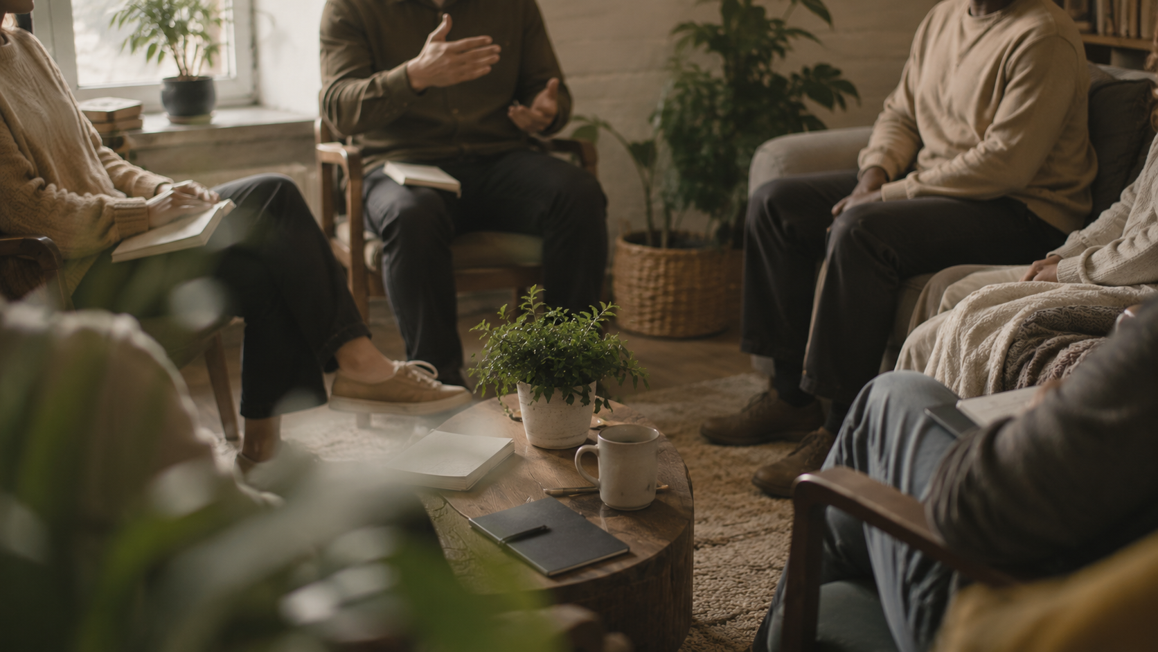 Group therapy session with five people seated in a circle in a cozy room, three women and two men, with notebooks, coffee mugs, and plants near a window.