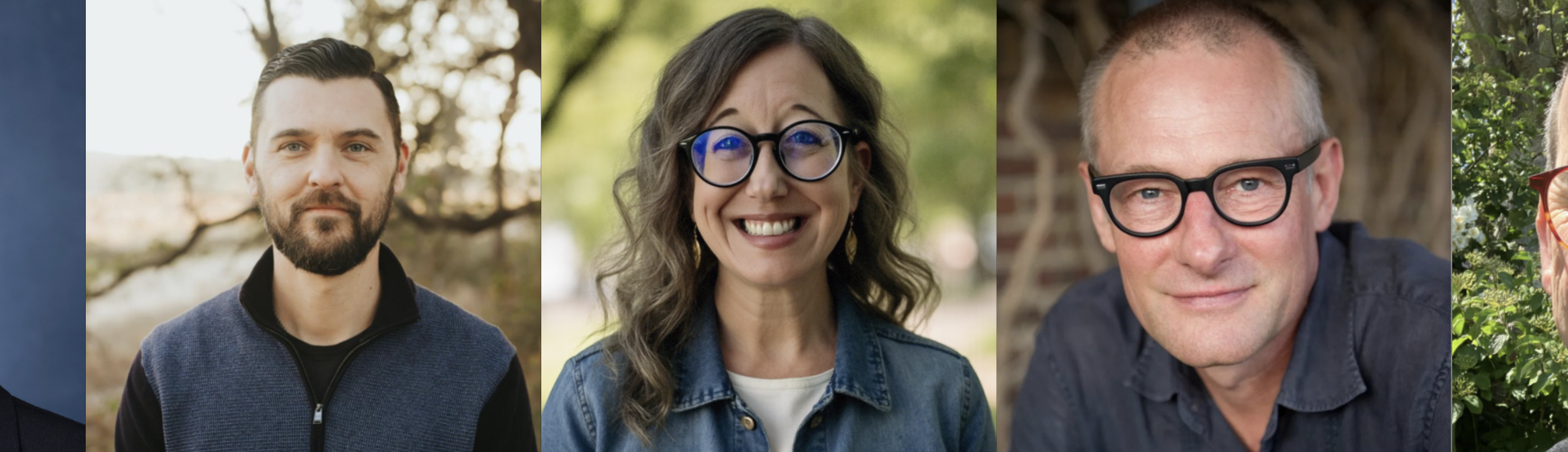 Three people, two men and a woman, smiling outdoors. The man on the left has dark hair and a beard, wearing a dark jacket. The woman in the middle has curly brown hair, glasses, and earrings, wearing a denim jacket. The man on the right has light hair, glasses, and is wearing a dark shirt. All are in natural settings.