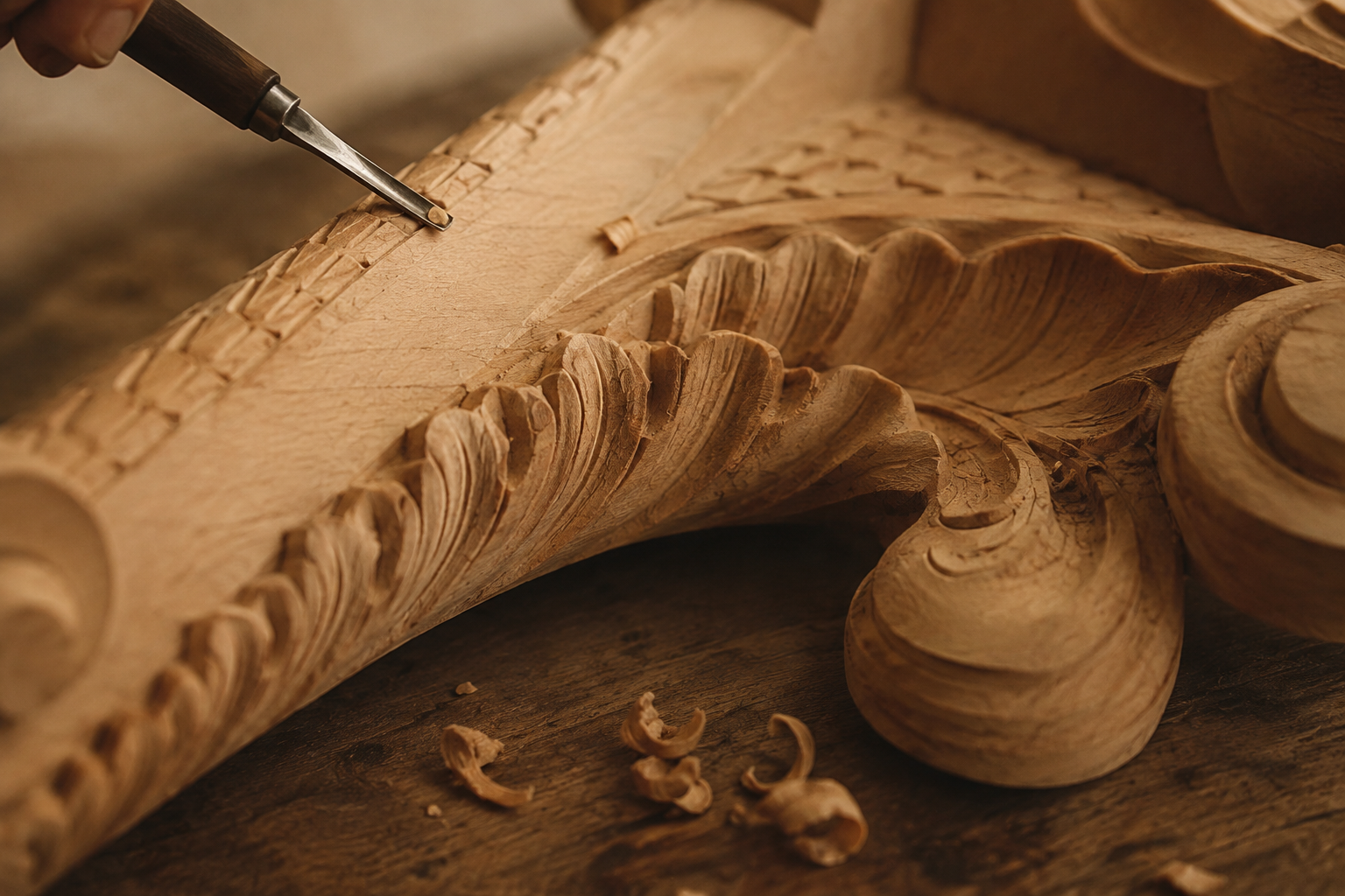 Close-up of a woodcarver's hand using a chisel to carve intricate details into a wooden furniture piece, with wood shavings scattered around.