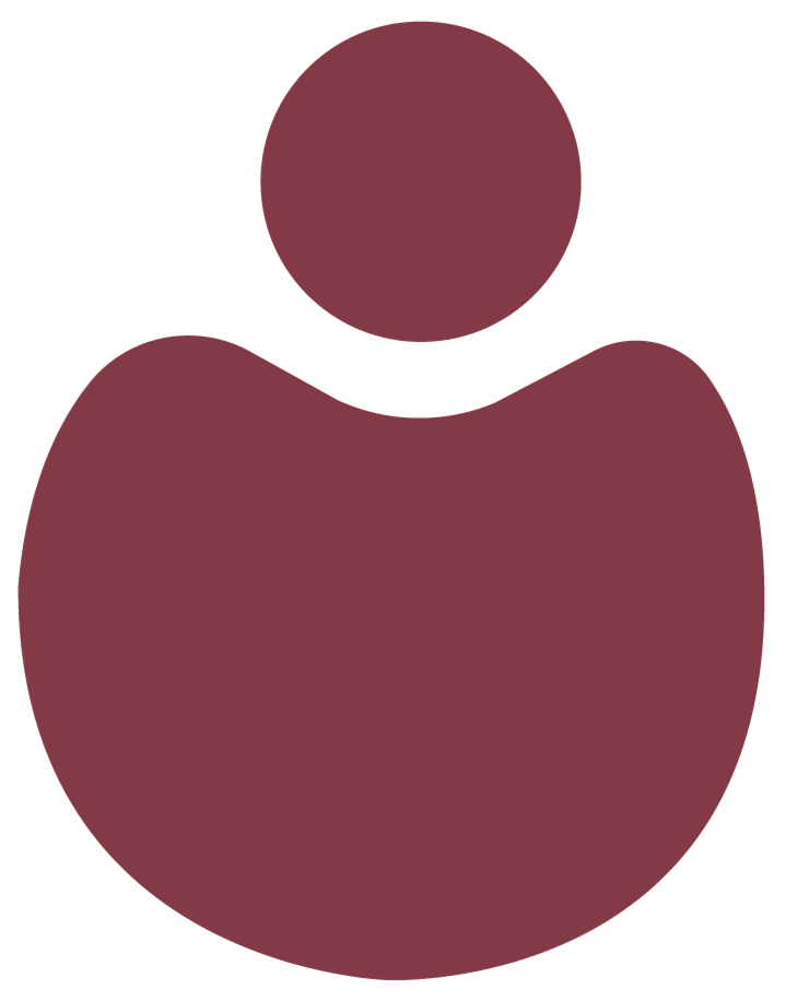 Minimalist icon of a person, with a circular head and a rounded body, in maroon color.