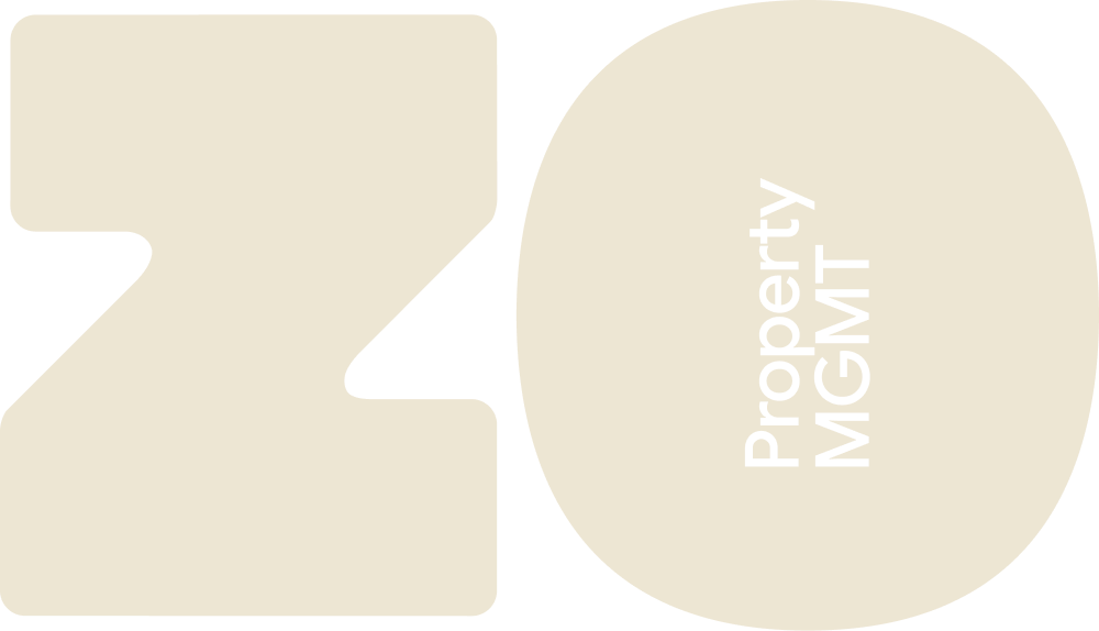 Graphic with large ZO and the text "Property MGMT" in a speech bubble.