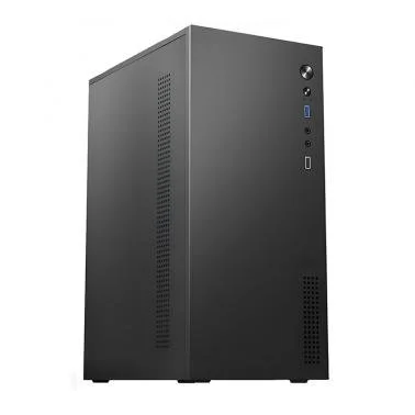 Black computer tower with ventilation holes and front ports including USB, audio, and power button.
