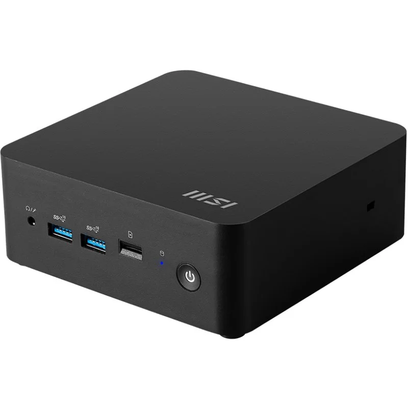 Black mini PC with front ports, including two USB 3.0 ports, a headphone jack, a power button, and a power indicator light.