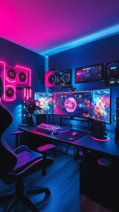 A gaming and multimedia setup with three computer monitors displaying vibrant galaxy images, pink and purple LED lighting, speakers, a gaming chair, and electronic equipment in a dark room with blue and pink ambient lighting.