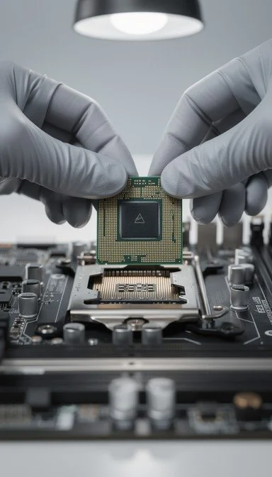 Hands wearing gloves installing a computer processor into a motherboard.