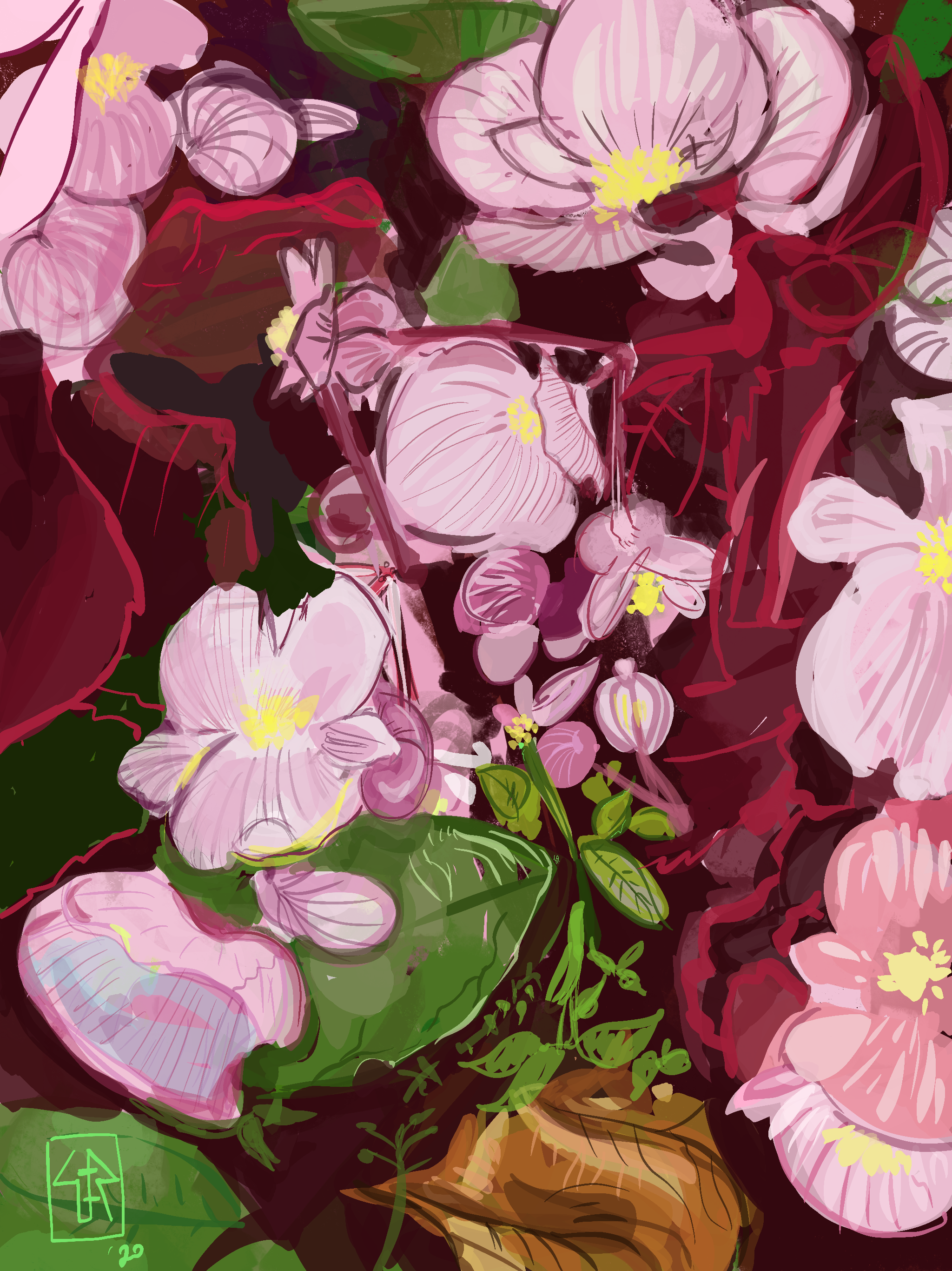 An abstract artistic floral composition with pink, white, and yellow flowers, green leaves, and brown accents.