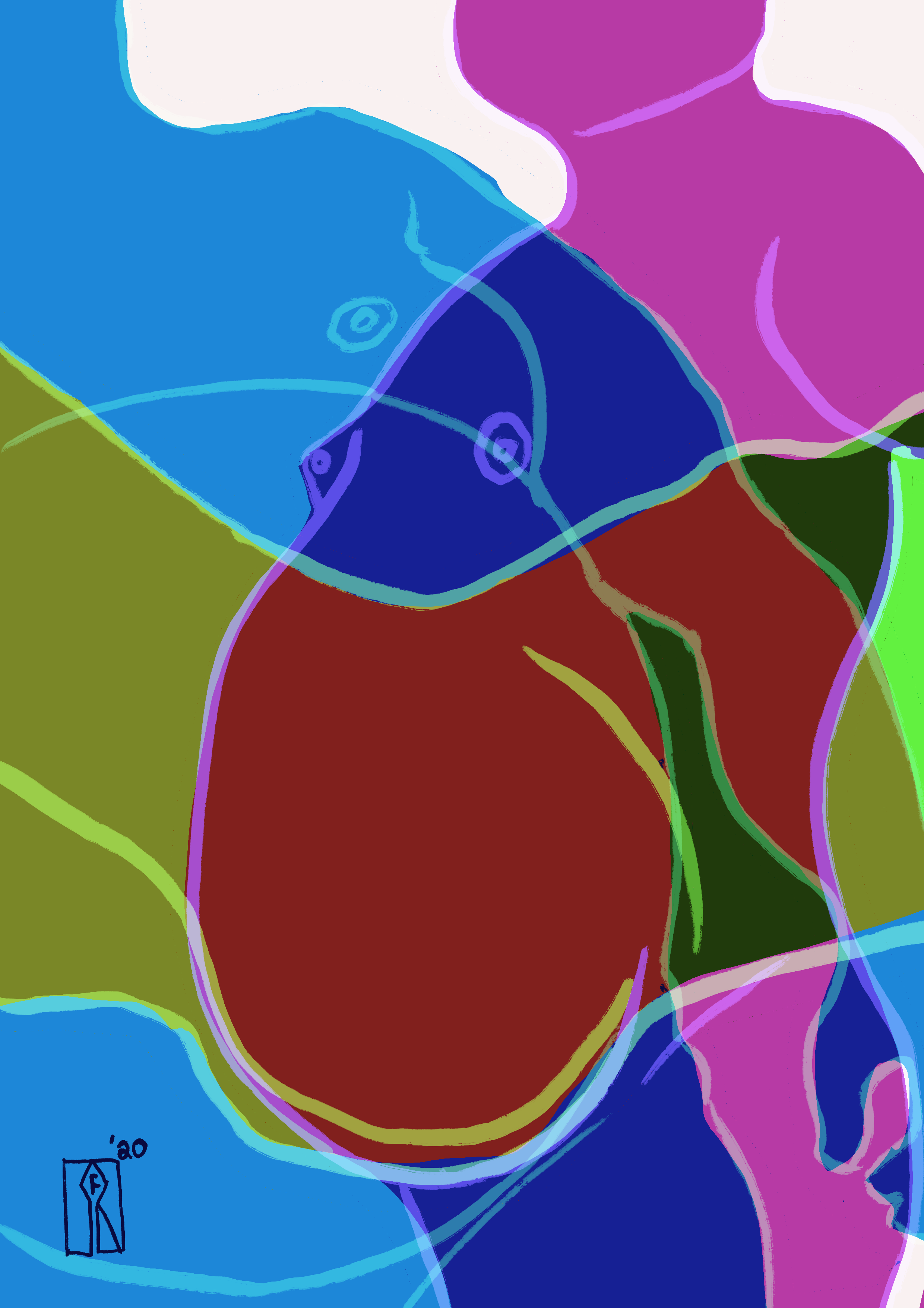 Abstract digital artwork with colorful overlapping shapes and lines in shades of blue, purple, green, and red.