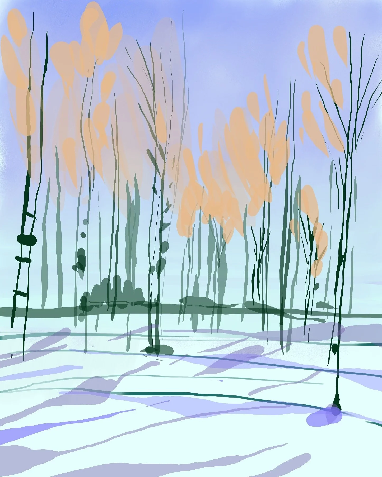 Abstract illustration of tall trees against a light blue background, with shadows on the ground.