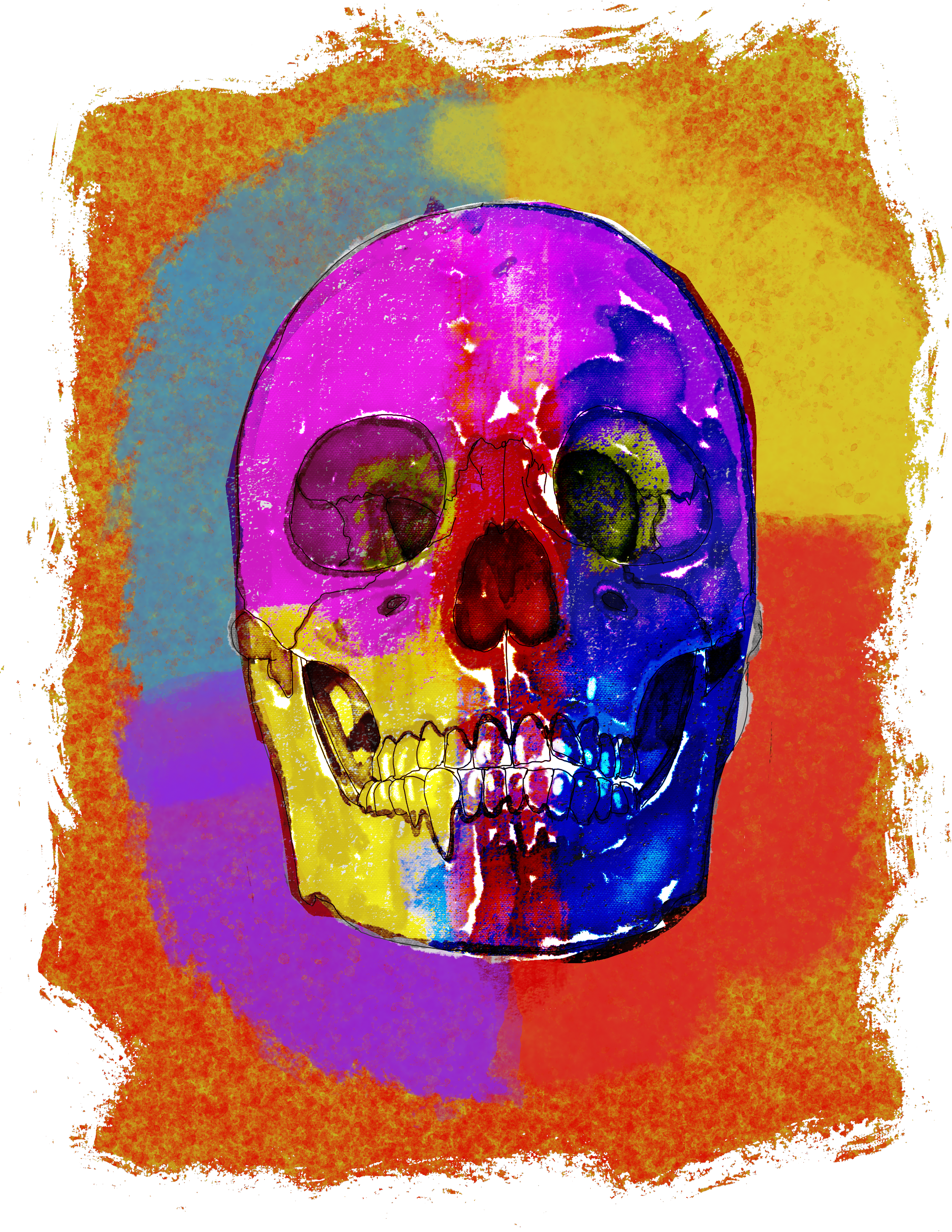 Colorful artistic representation of a human skull with a rainbow color palette and a vibrant textured background.