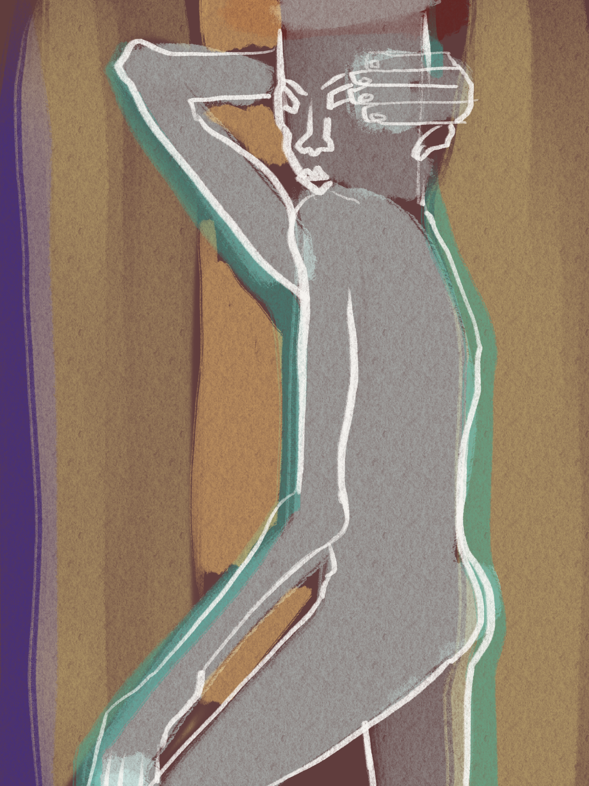 Line art illustration of a man with a colorful background.