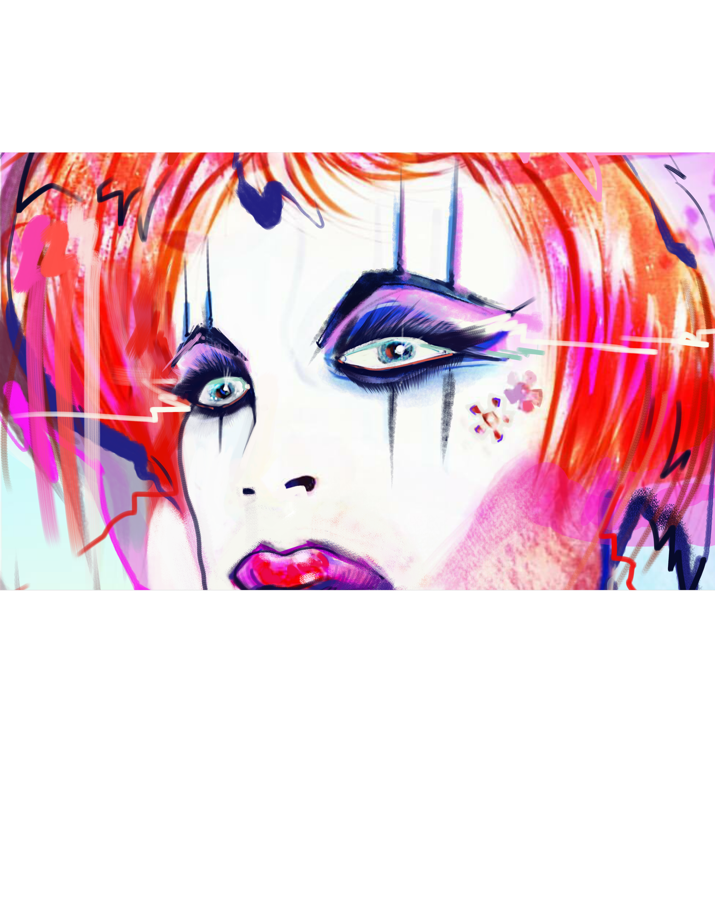 A colorful digital illustration of a woman's face with red hair, striking makeup, and floral accents.