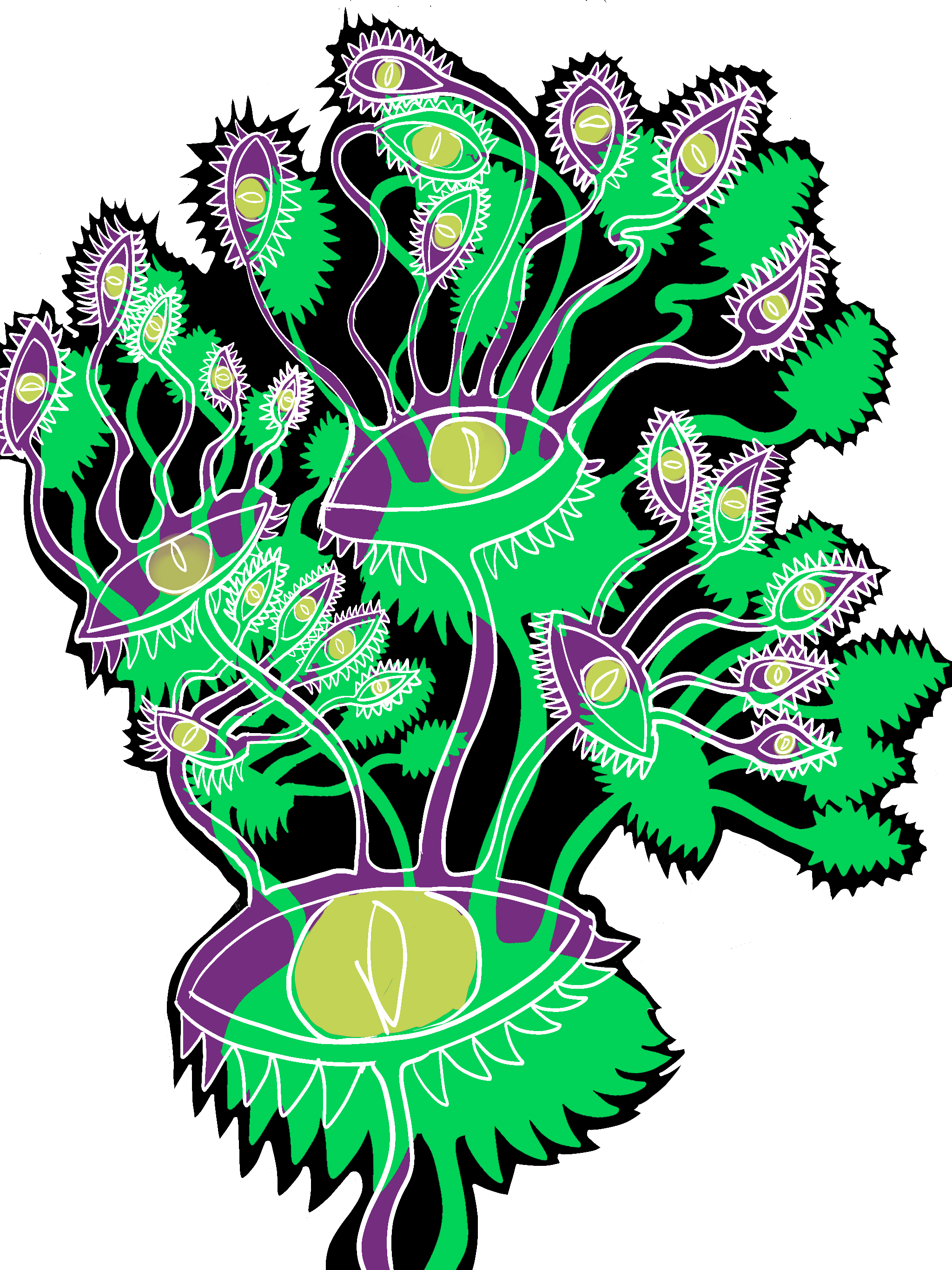 A colorful, stylized illustration of a Venus flytrap plant with purple and green tones against a black background.