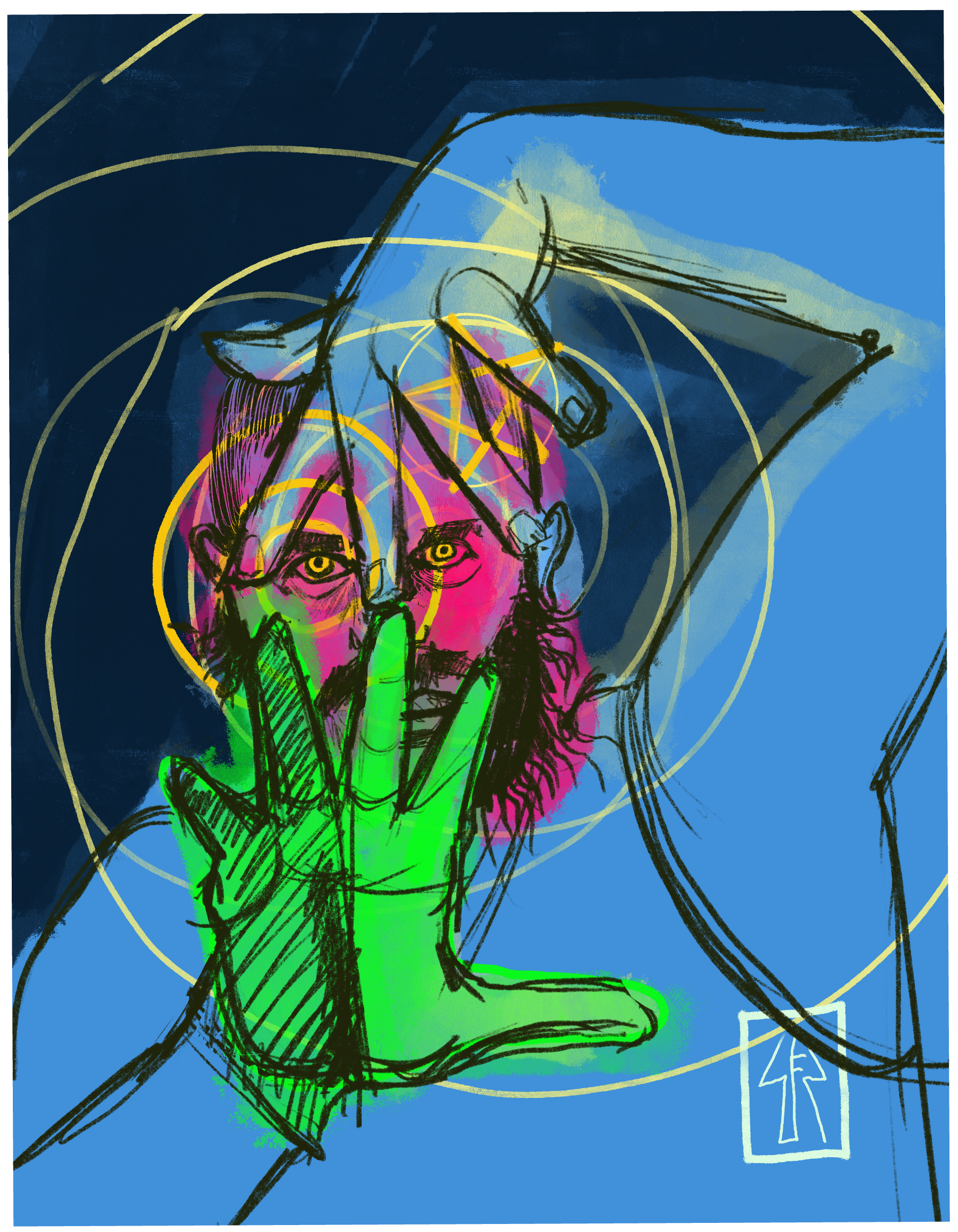 Colorful abstract drawing featuring a person with their hand on their face, surrounded by circles, with a blue background and a religious cross symbol.