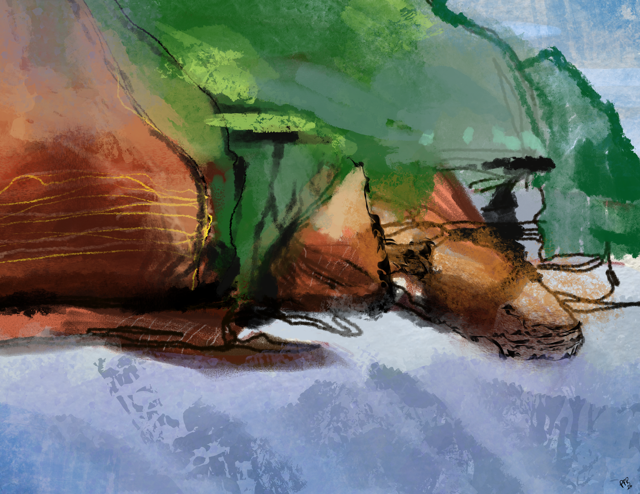 An abstract watercolor painting featuring shades of green, brown, red, and blue with textured brush strokes and black outlines.