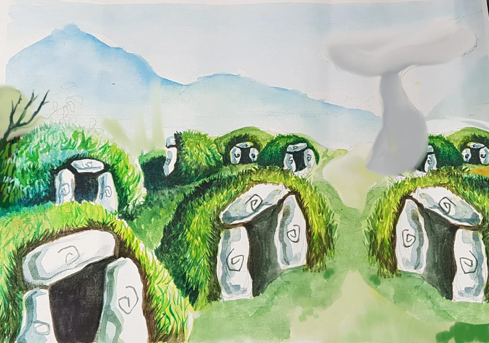 A watercolor painting illustrating rolling hills covered with grassy mounds that resemble stone caves, with a mountain in the background under a cloudy sky and a shadow of a large tree rising from the right side.