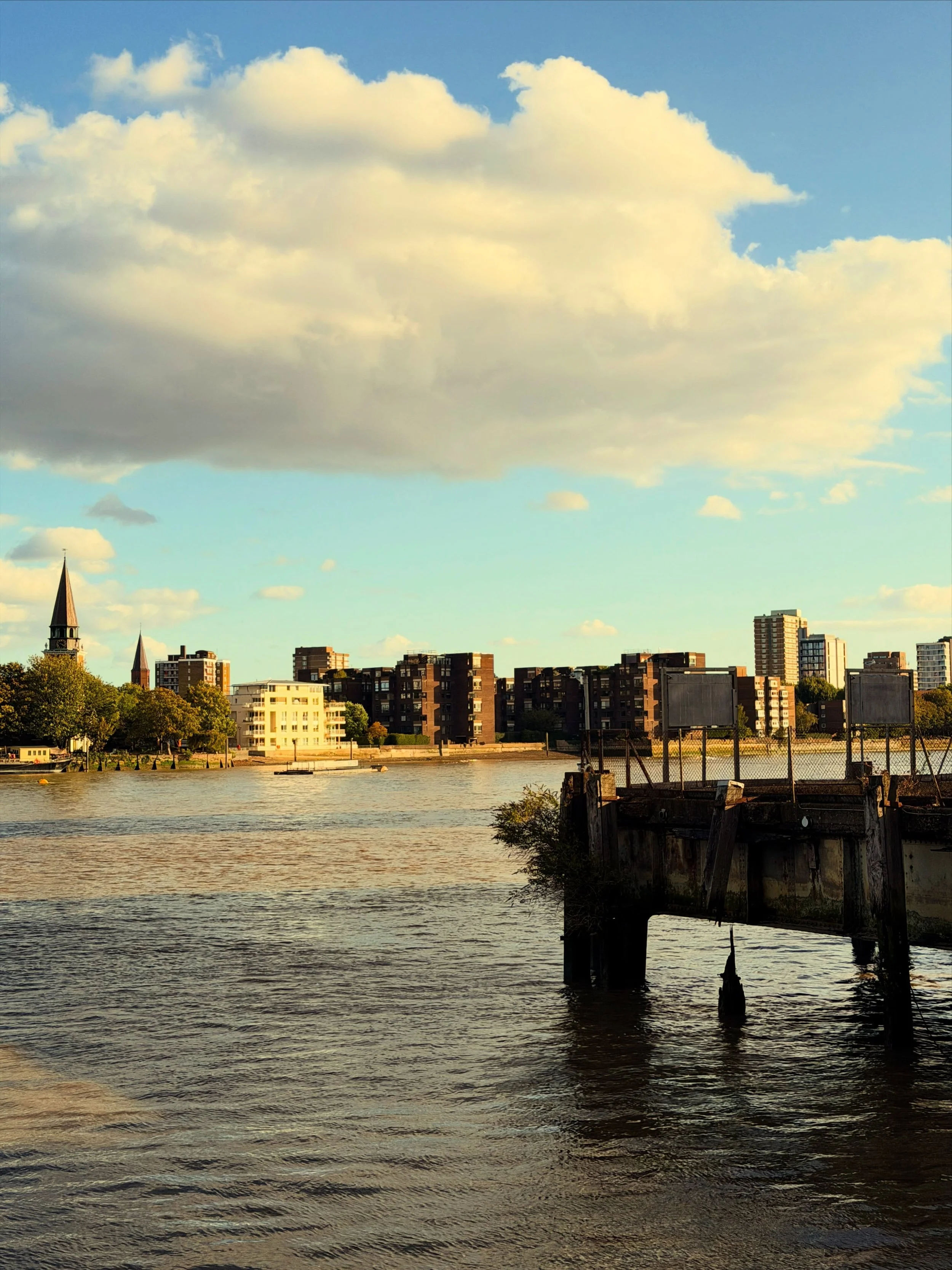 Beautiful late afternoon light looking over the river to St Mary&rsquo;s Church, Battersea #river #london #love #instagram #sunlight