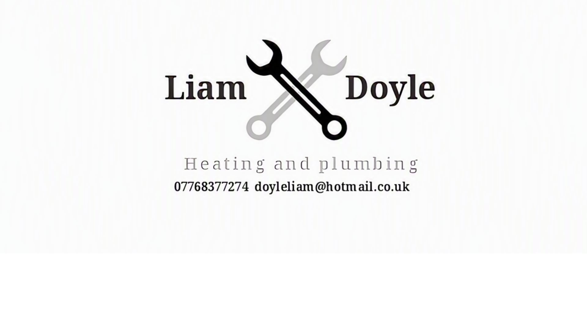 Business card for Liam Doyle Heating and Plumbing featuring a logo with crossed wrench and pipe wrench, with contact details including phone number and email.