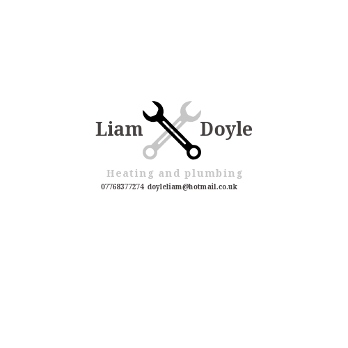 Business card for Liam Doyle, heating and plumbing services, featuring a wrench and screwdriver icon, with contact email and phone number.