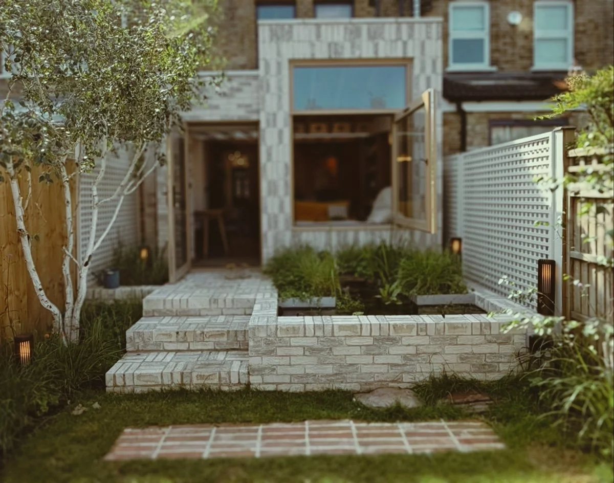 Backyard with brick stairs, garden beds, a tree, and a house with open window doors.