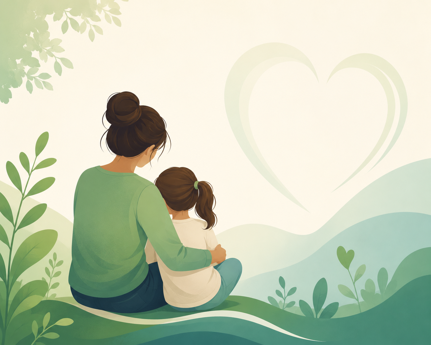 An illustration of a woman and a girl sitting on grass, looking at a large heart-shaped symbol in the sky, surrounded by greenery and soft hills.