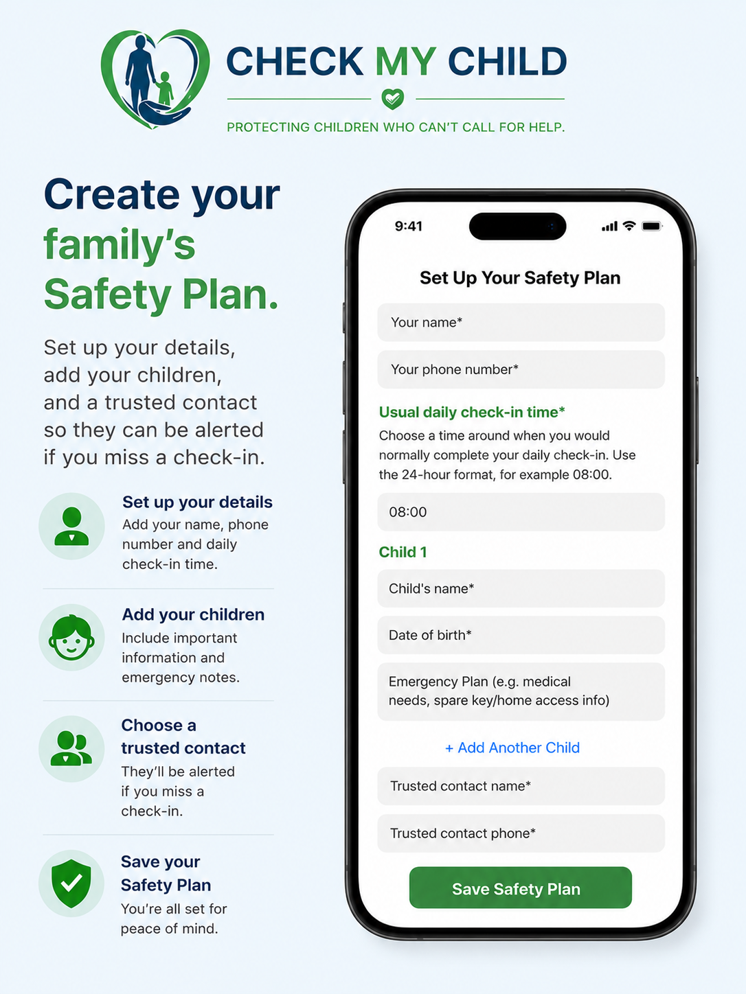 A poster promoting a child safety app called 'Check My Child' with instructions for creating a family safety plan on a mobile device. It features icons and text explaining steps to set up details, add children, choose trusted contacts, and save the plan.