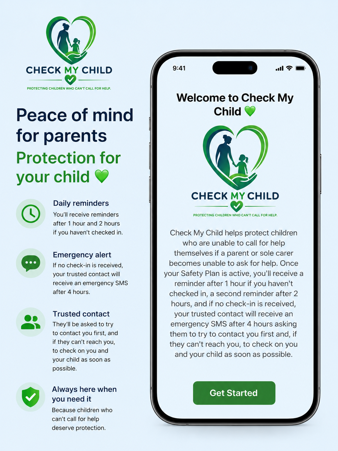 An informational graphic about the 'Check My Child' app, showing its purpose to help protect children unable to call for help. It features a smartphone display with app details, a logo of a parent and child inside a heart, and a list of app features such as daily reminders, emergency alerts, trusted contacts, and 24/7 availability.