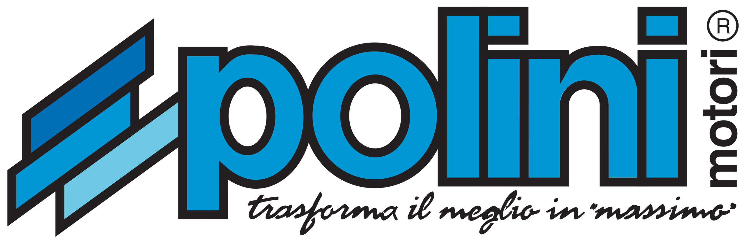 Il logo di Polini Italia in blu e nero con la scritta "Polini motori" e il motto "trasforma il meglio in massimo" sotto