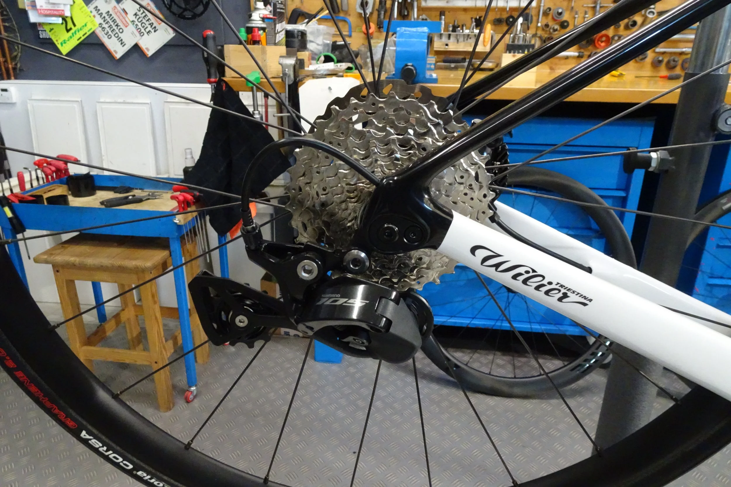 Particolare della trasmissione di una bicicletta da corsa, con il deragliatore, il gruppo di pignoni e la gomma posteriore, in un laboratorio di riparazioni o officina.